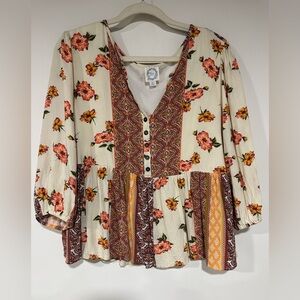Blue Rain Bell Sleeve 3/4 Sleeve Floral Top, Women's Size XL Cream/Brown Boho